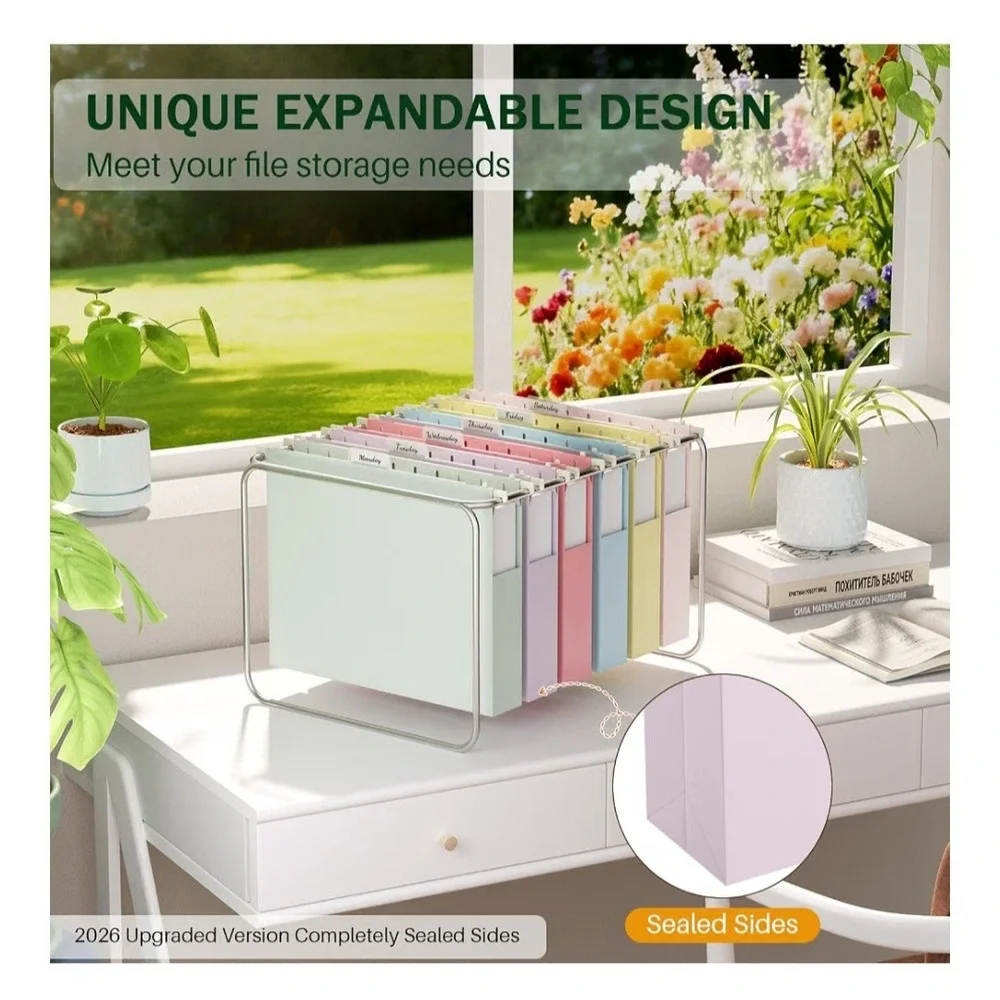 6 Pack Pastel Hanging File Folders Letter Size 2 Inch Expandable Plastic 1/5 Tab